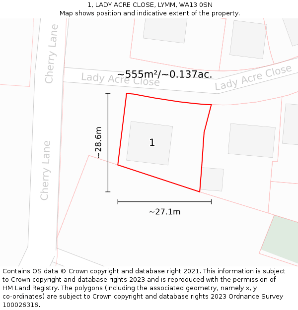 1, LADY ACRE CLOSE, LYMM, WA13 0SN: Plot and title map