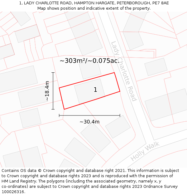 1, LADY CHARLOTTE ROAD, HAMPTON HARGATE, PETERBOROUGH, PE7 8AE: Plot and title map
