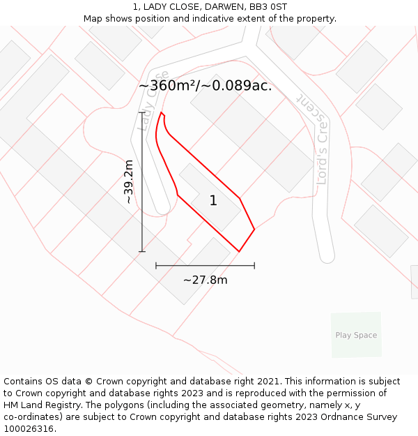 1, LADY CLOSE, DARWEN, BB3 0ST: Plot and title map