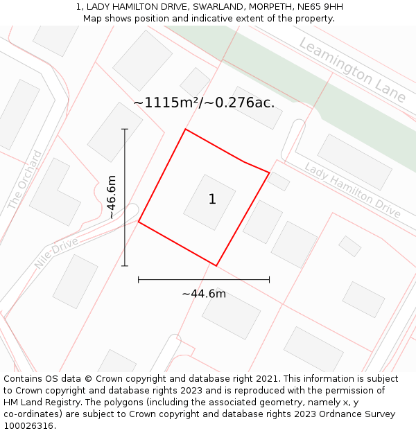1, LADY HAMILTON DRIVE, SWARLAND, MORPETH, NE65 9HH: Plot and title map