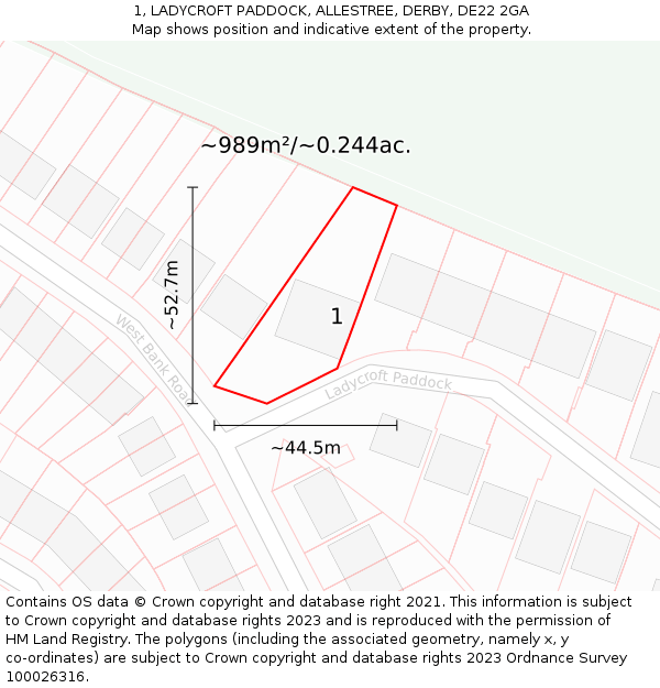 1, LADYCROFT PADDOCK, ALLESTREE, DERBY, DE22 2GA: Plot and title map