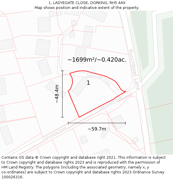 1, LADYEGATE CLOSE, DORKING, RH5 4AX: Plot and title map