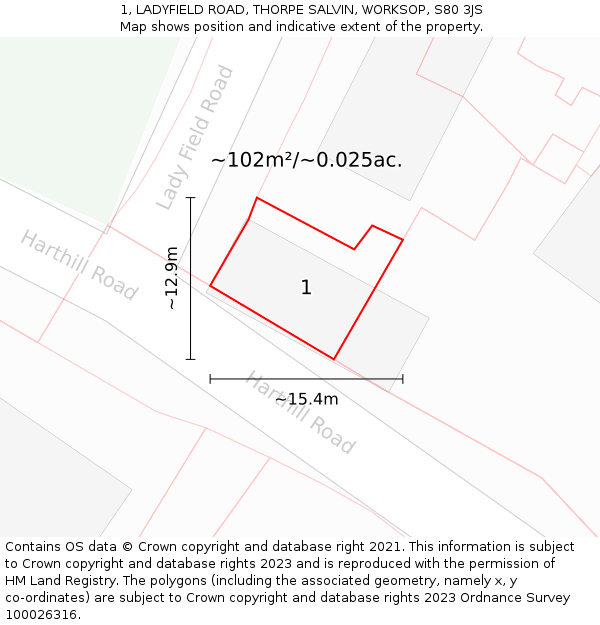 1, LADYFIELD ROAD, THORPE SALVIN, WORKSOP, S80 3JS: Plot and title map