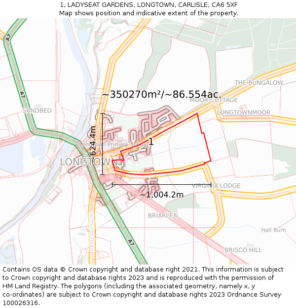 1, LADYSEAT GARDENS, LONGTOWN, CARLISLE, CA6 5XF: Plot and title map