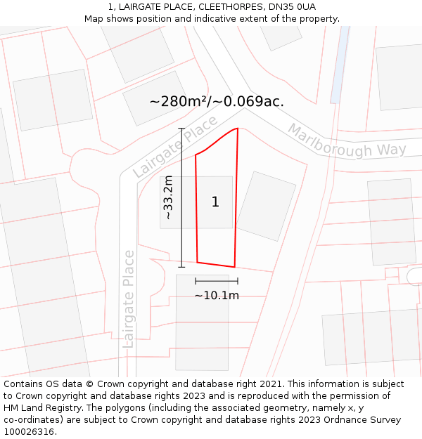 1, LAIRGATE PLACE, CLEETHORPES, DN35 0UA: Plot and title map