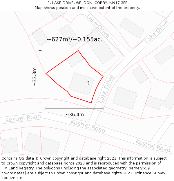 1, LAKE DRIVE, WELDON, CORBY, NN17 3FE: Plot and title map