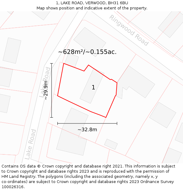 1, LAKE ROAD, VERWOOD, BH31 6BU: Plot and title map