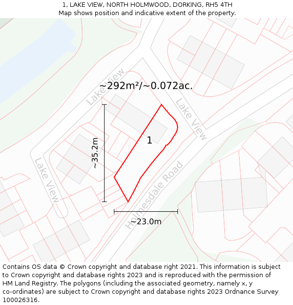1, LAKE VIEW, NORTH HOLMWOOD, DORKING, RH5 4TH: Plot and title map