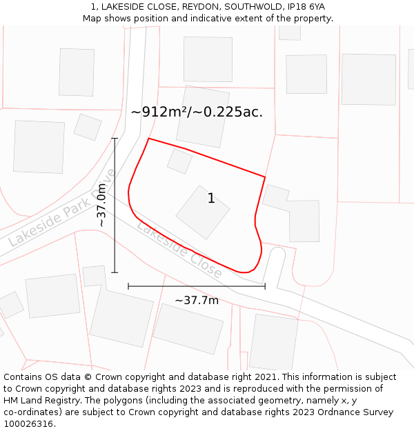 1, LAKESIDE CLOSE, REYDON, SOUTHWOLD, IP18 6YA: Plot and title map