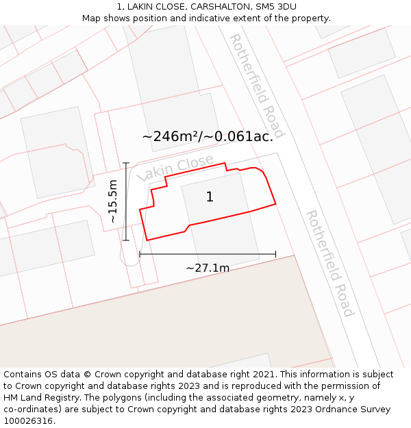 1, LAKIN CLOSE, CARSHALTON, SM5 3DU: Plot and title map