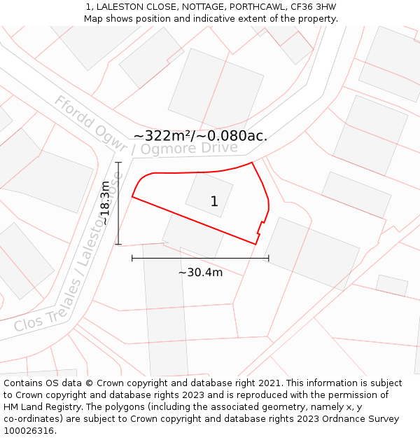 1, LALESTON CLOSE, NOTTAGE, PORTHCAWL, CF36 3HW: Plot and title map