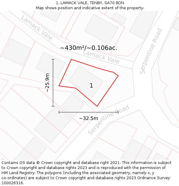 1, LAMACK VALE, TENBY, SA70 8DN: Plot and title map