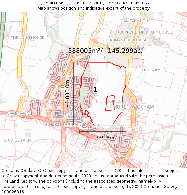 1, LAMB LANE, HURSTPIERPOINT, HASSOCKS, BN6 9ZA: Plot and title map