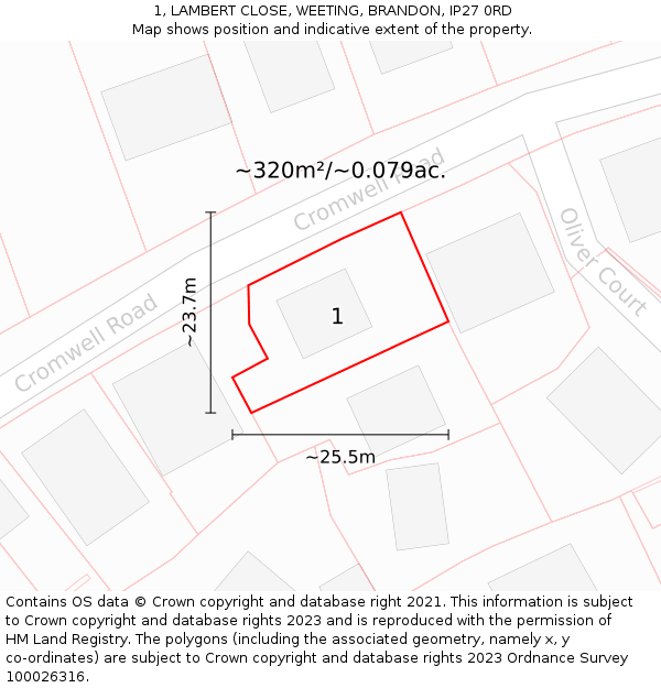 1, LAMBERT CLOSE, WEETING, BRANDON, IP27 0RD: Plot and title map