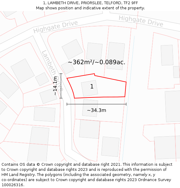 1, LAMBETH DRIVE, PRIORSLEE, TELFORD, TF2 9FF: Plot and title map