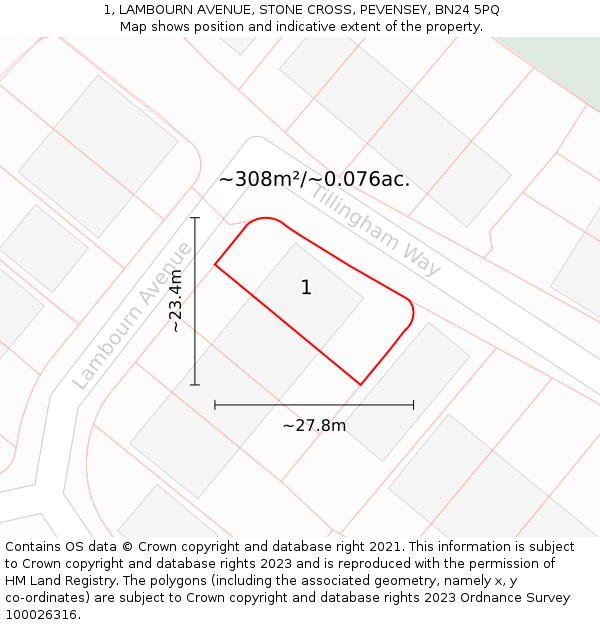 1, LAMBOURN AVENUE, STONE CROSS, PEVENSEY, BN24 5PQ: Plot and title map