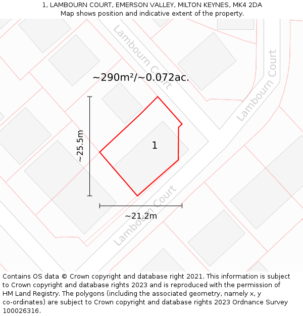 1, LAMBOURN COURT, EMERSON VALLEY, MILTON KEYNES, MK4 2DA: Plot and title map
