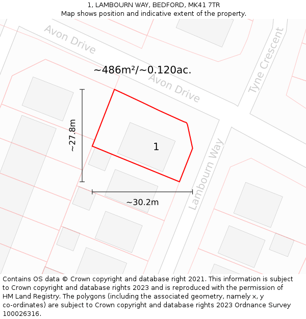1, LAMBOURN WAY, BEDFORD, MK41 7TR: Plot and title map