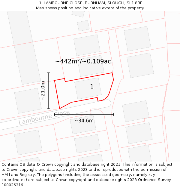 1, LAMBOURNE CLOSE, BURNHAM, SLOUGH, SL1 8BF: Plot and title map