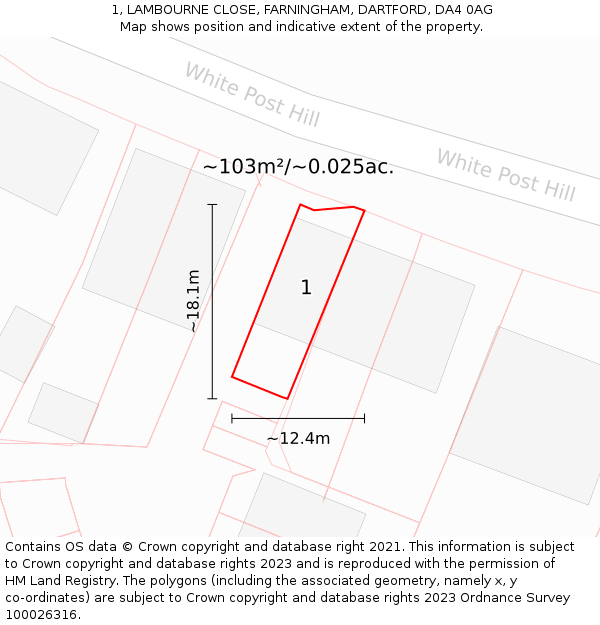 1, LAMBOURNE CLOSE, FARNINGHAM, DARTFORD, DA4 0AG: Plot and title map