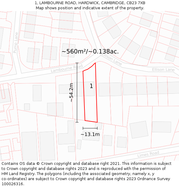 1, LAMBOURNE ROAD, HARDWICK, CAMBRIDGE, CB23 7XB: Plot and title map