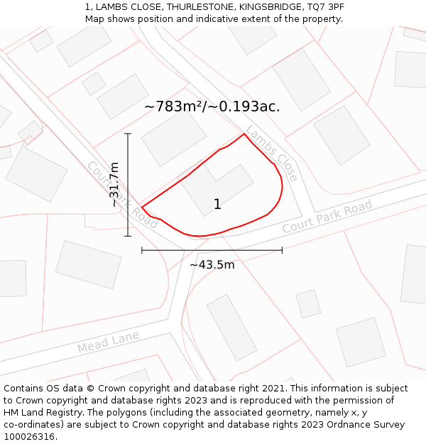 1, LAMBS CLOSE, THURLESTONE, KINGSBRIDGE, TQ7 3PF: Plot and title map