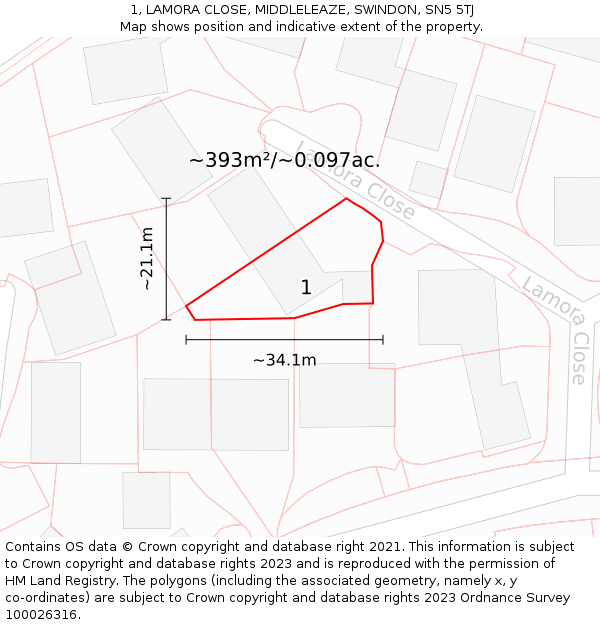 1, LAMORA CLOSE, MIDDLELEAZE, SWINDON, SN5 5TJ: Plot and title map