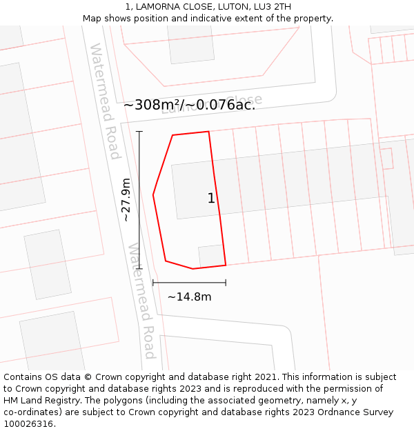 1, LAMORNA CLOSE, LUTON, LU3 2TH: Plot and title map