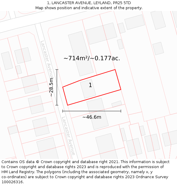 1, LANCASTER AVENUE, LEYLAND, PR25 5TD: Plot and title map