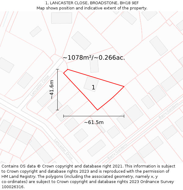 1, LANCASTER CLOSE, BROADSTONE, BH18 9EF: Plot and title map