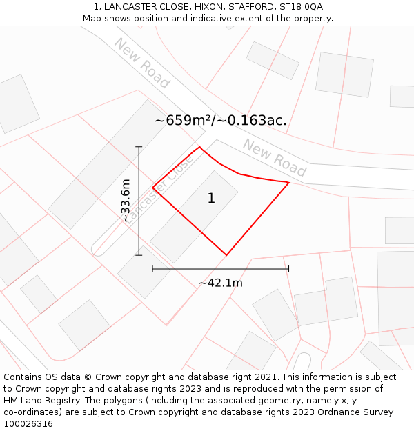 1, LANCASTER CLOSE, HIXON, STAFFORD, ST18 0QA: Plot and title map