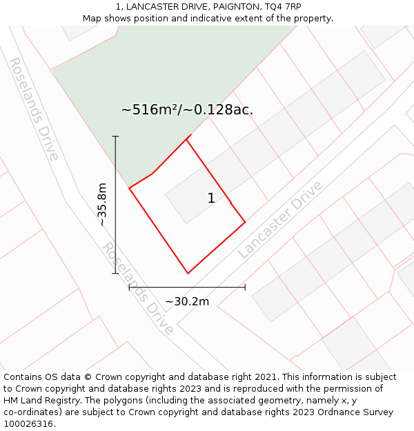 1, LANCASTER DRIVE, PAIGNTON, TQ4 7RP: Plot and title map