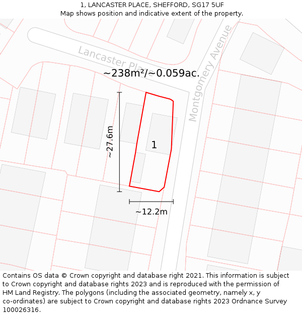 1, LANCASTER PLACE, SHEFFORD, SG17 5UF: Plot and title map