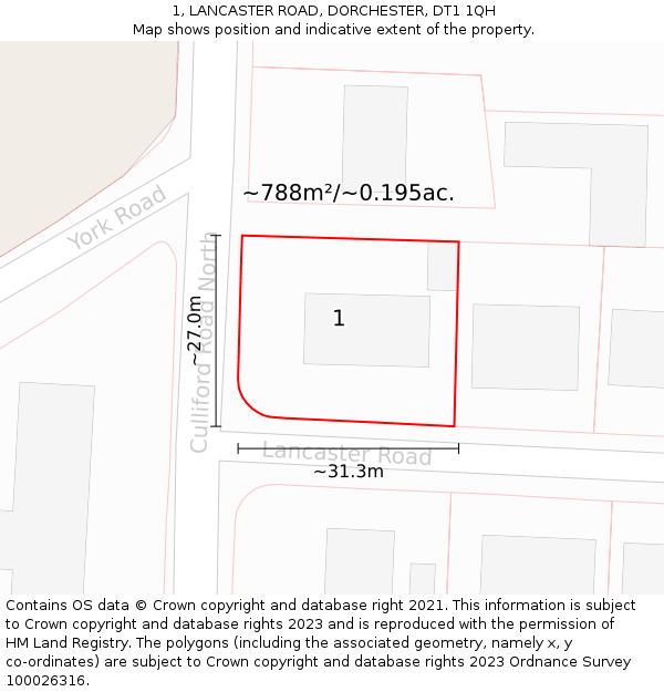 1, LANCASTER ROAD, DORCHESTER, DT1 1QH: Plot and title map