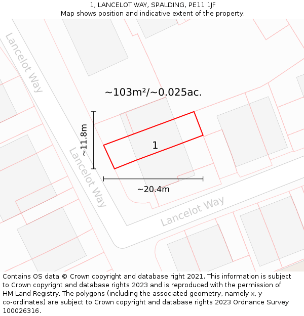 1, LANCELOT WAY, SPALDING, PE11 1JF: Plot and title map