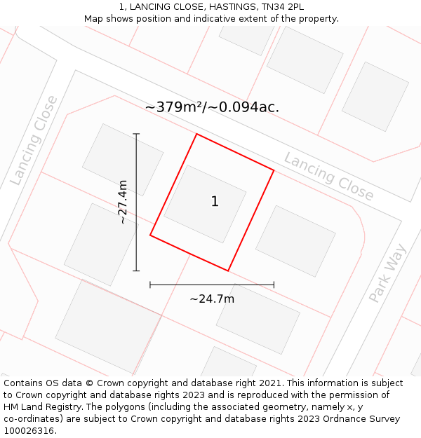 1, LANCING CLOSE, HASTINGS, TN34 2PL: Plot and title map