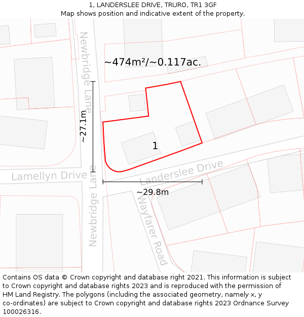 1, LANDERSLEE DRIVE, TRURO, TR1 3GF: Plot and title map