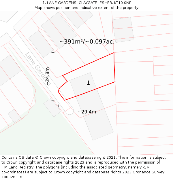 1, LANE GARDENS, CLAYGATE, ESHER, KT10 0NP: Plot and title map
