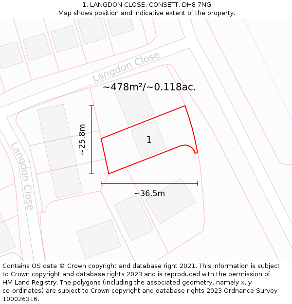 1, LANGDON CLOSE, CONSETT, DH8 7NG: Plot and title map