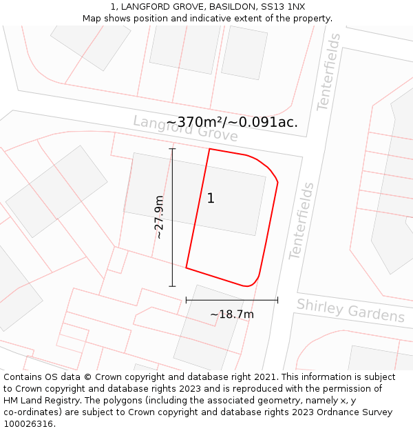 1, LANGFORD GROVE, BASILDON, SS13 1NX: Plot and title map