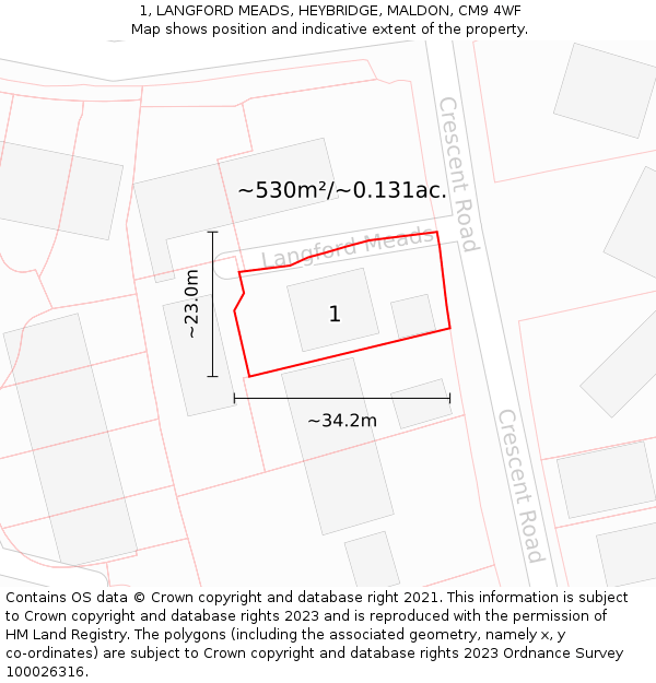 1, LANGFORD MEADS, HEYBRIDGE, MALDON, CM9 4WF: Plot and title map