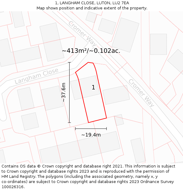 1, LANGHAM CLOSE, LUTON, LU2 7EA: Plot and title map