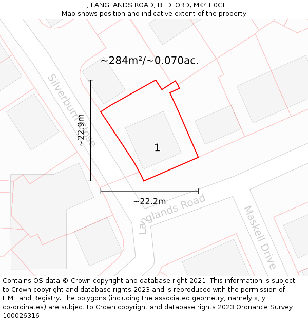1, LANGLANDS ROAD, BEDFORD, MK41 0GE: Plot and title map