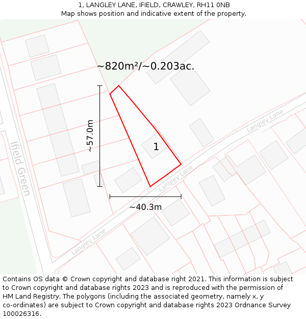 1, LANGLEY LANE, IFIELD, CRAWLEY, RH11 0NB: Plot and title map