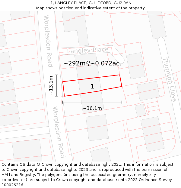1, LANGLEY PLACE, GUILDFORD, GU2 9AN: Plot and title map