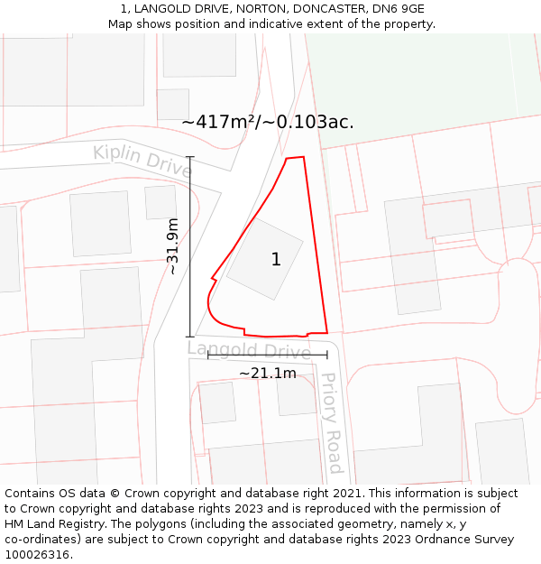 1, LANGOLD DRIVE, NORTON, DONCASTER, DN6 9GE: Plot and title map
