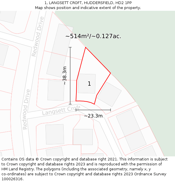 1, LANGSETT CROFT, HUDDERSFIELD, HD2 1PP: Plot and title map