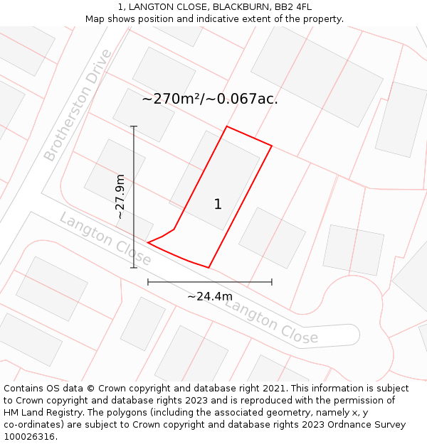 1, LANGTON CLOSE, BLACKBURN, BB2 4FL: Plot and title map