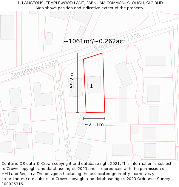 1, LANGTONS, TEMPLEWOOD LANE, FARNHAM COMMON, SLOUGH, SL2 3HD: Plot and title map
