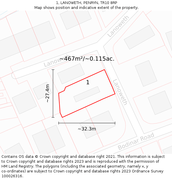 1, LANOWETH, PENRYN, TR10 8RP: Plot and title map